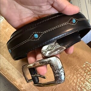 Vintage Onyx by Brighton  Leather Belt with Silver Buckle and Turquoise Accents